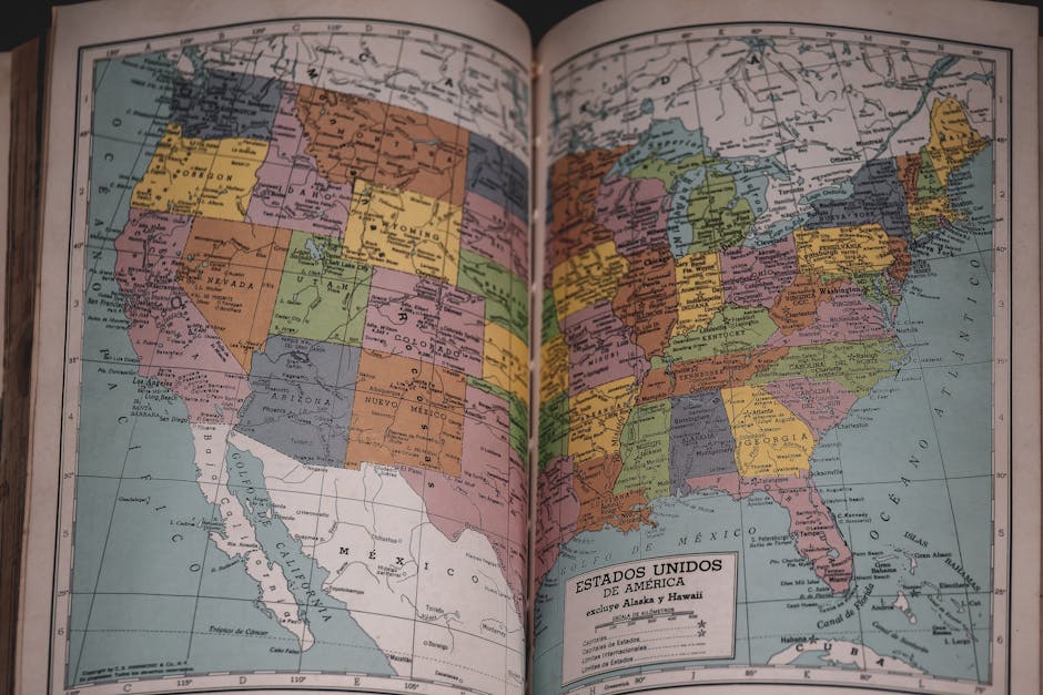 Classic vintage map of the United States in a historical book, showcasing detailed state borders.